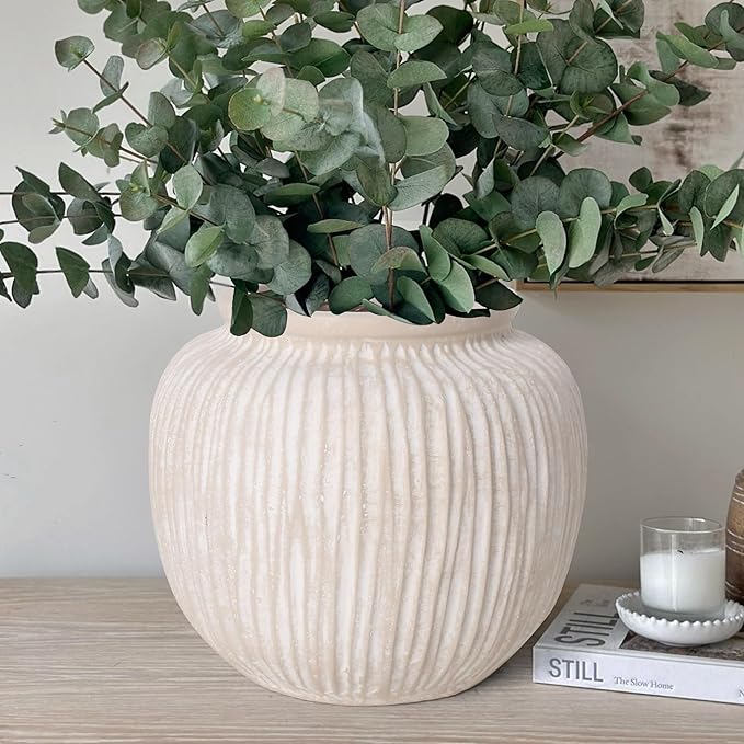 Oakrain Large Rustic Minimalist Vase, 9" Distressed Round Floor Vase for Home Decor, Farmhouse Centerpieces Planters for Living Room Indoor Outdoor Use, Vintage White