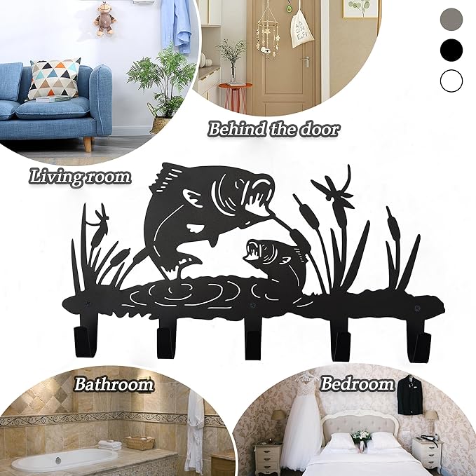 Metal Fish Coat Hooks Wall Art Decor-Fish Hangers and Key Holder-Clothes Rack and Backpack Hanger-Animal Theme Hooks Sweet Home Decor for Storage, Living Room, Hallway, Office (Black)