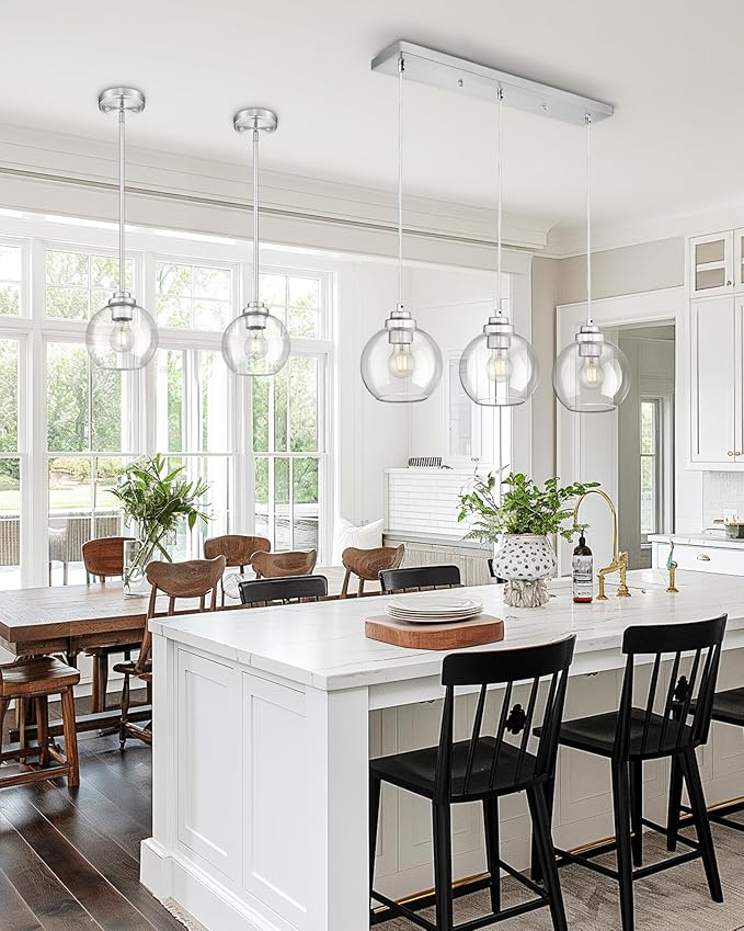 3-Light Globe Island Light, Linear Chandelier with Brushed Nickel Finish, Clear Glass Pendant Light Fixture for Dining Room Kitchen Island Living Room Pool Table, ZCPL101BN-3S