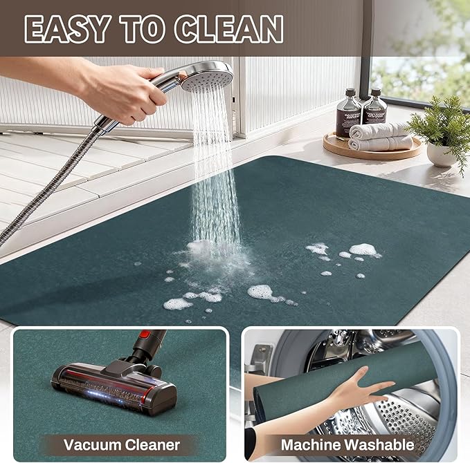 Diatomaceous Earth Bath mat Bathroom Rugs Super Absorbent Quick Dry Non Slip Bath Mat Thin Bathroom Floor Mats Fit Under Door-Shower Rug for in Front of Bathtub Shower, Green, 15.7"*23.6"