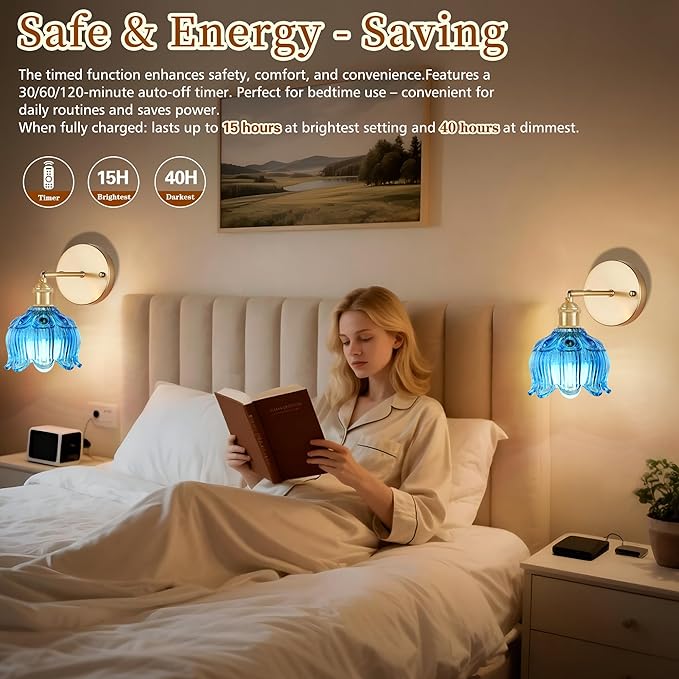 Vintage Battery Operated Wall Sconce with Flower lampshade,Rechargeable Battery Powered Wall Lights,Wall lamp with 15 Colors for Bedroom Living Room Home Decor (Flower Blue, 2 Light Battery Operated)