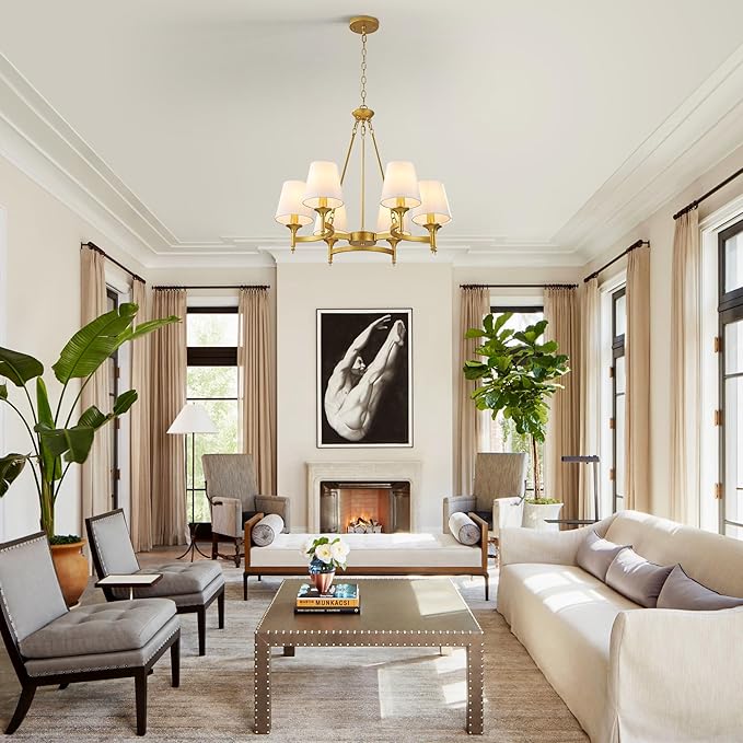 Gold Chandelier with White Shades, 6-Light Modern Farmhouse Chandeliers for Dining Room, Rustic Round Hanging Light Fixture for Kitchen Island Bedroom Office Living Room Entryway