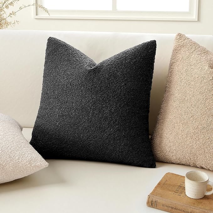 ANRODUO Pack of 2 Textured Boucle Throw Pillow Covers Soft Black Euro Decorative Accent Solid Pillow Cases Cozy Modern Couch Cushion Case for Chair Sofa Bedroom Living Room Home Decor, 22 x 22 Inch