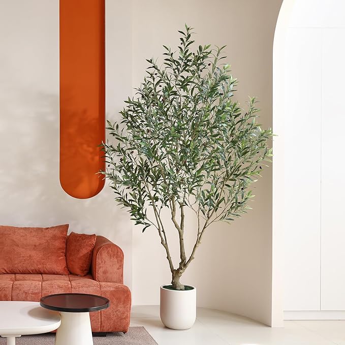 Olive Tree Artificial Indoor, 8FT Tall Faux Olive Tree with 11.5in White Cylinder Round Planter, Artificial Plants with Natural Wood Trunk and Lifelike Leaves for Home Office Decor