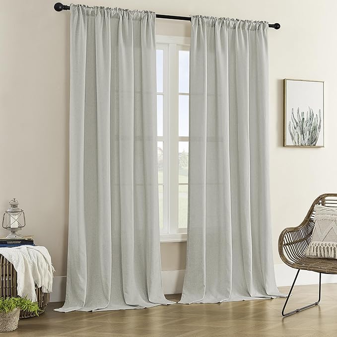 DONREN Light Grey Curtains 84 Inch Length for Living Room 2 Panel Back Tab Rod Pocket Drape Light Filtering Semi Sheer Linen Textured Curtain for Bedroom Modern Farmhouse Decor 50x84 Long