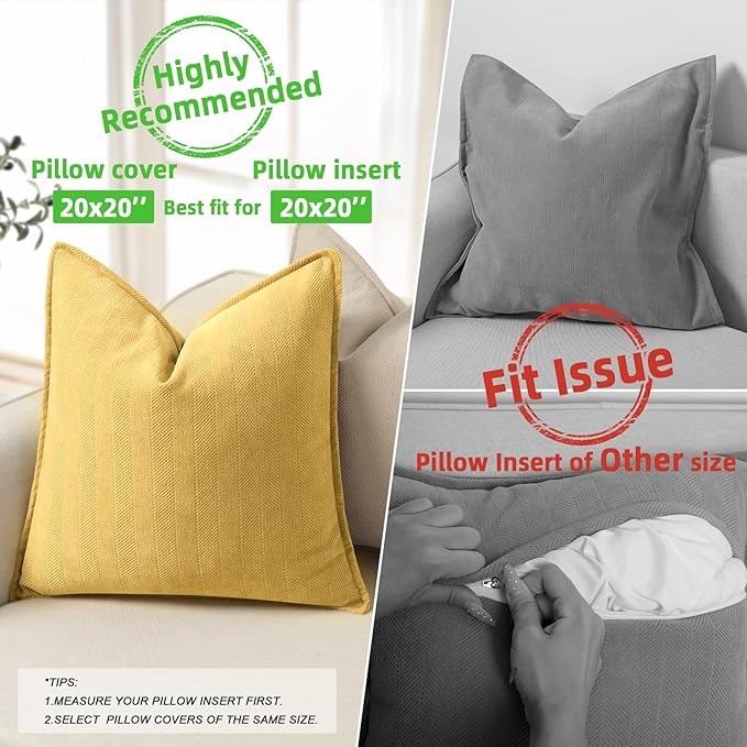 ZWJD Yellow Pillow Covers 20x20 Set of 2 Chenille Throw Pillow Covers with Elegant Design Soft and Luxurious Decorative Throw Pillows for Couch, Bed, and Home Decor