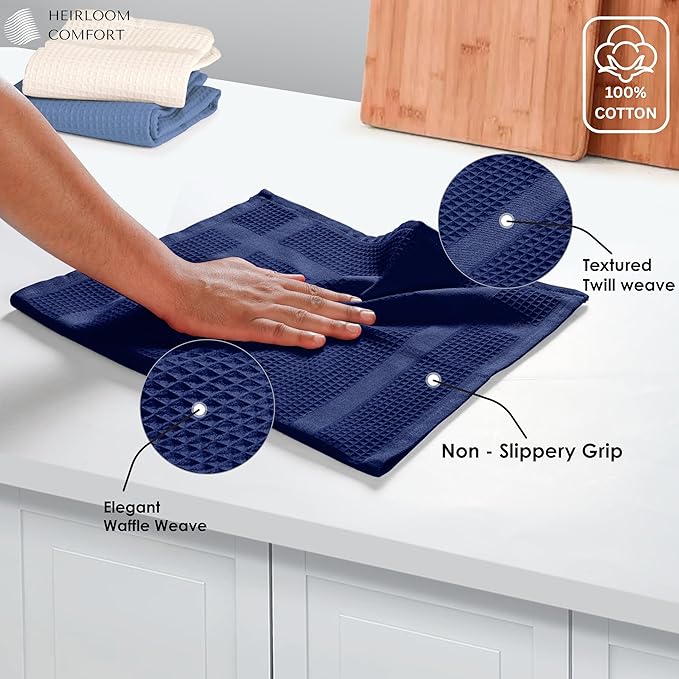 3 Pack Multi Color Waffle Weave Kitchen Towels, 16x26 Inch, 100% Cotton, Super Absorbent, Quick Dry, Hand Towels for Drying Dishes, Cleaning, Durable - Sky Blue, Ivory, Indigo Blue