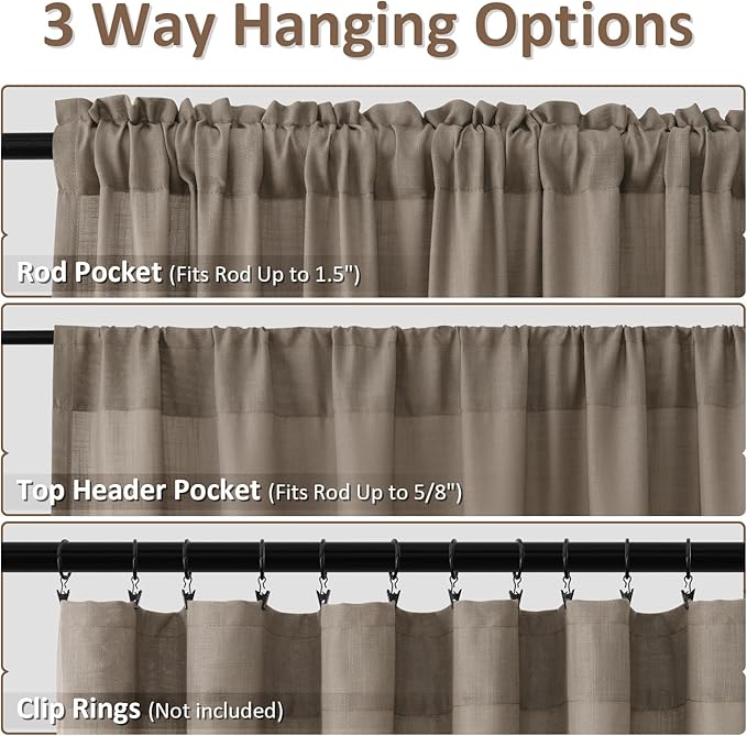 Guken Taupe Grey Linen Curtains 108 Inch Length for Living Room Bedroom 2 Panels Set Rod Pocket Light Filtering Semi Sheer Window Curtains 52 Inch Width Boho Farmhouse Linen Drapes, W52xL108