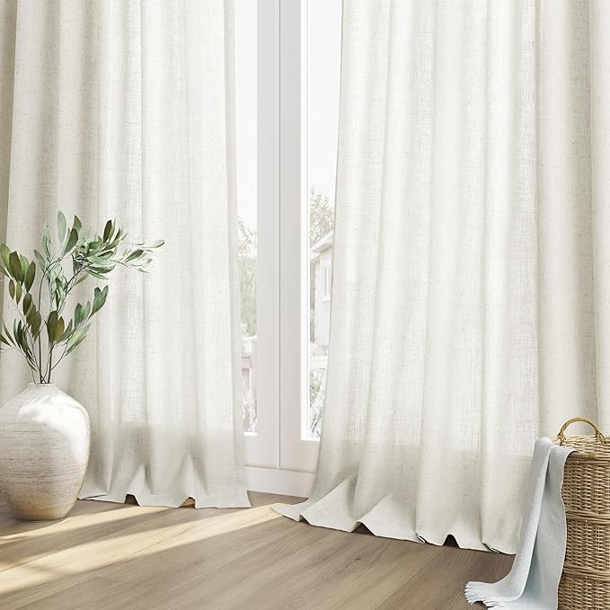 Guken Linen Curtains 84 Inches Long 2 Panel Set Rod Pocket Semi Sheer Dining Room Cozy Bedroom Decor Cotton Look Country Rustic Farmhouse Boho Curtains Beige White, 52x84