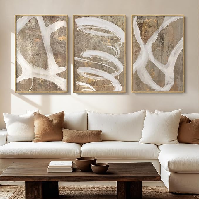 Framed Abstract Wall Art for Living Room, 3 Piece Modern Brown Beige Canvas Painting Artwork for Walls, Large Minimalist Neutral Lines Abstract Wall Decor, Hallway, Bedroom, Office, 24x36 Inch