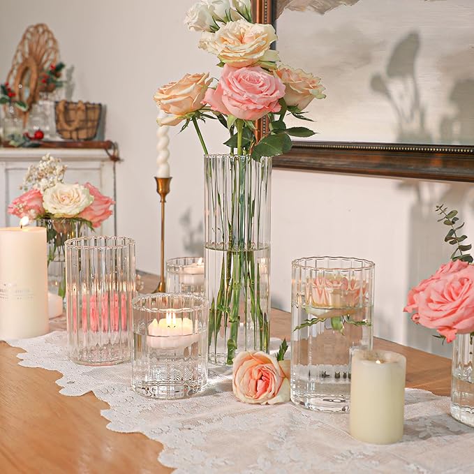 ComSaf Glass Cylinder Vases Pack of 12, Clear Ribbed Bud Vases for Centerpieces Weeding Decoration, 4 inch 6 Inch 10 Inch Tall Clear Flower Vases in Bulk, Hurricane Candle Holder for Party Home Decor