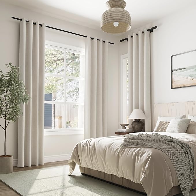 100% Blackout Linen Curtains for Bedroom Thermal Insulated Grommet Complete Blackout Drapes 80 Inch Length 2 Panels Set Heat and Full Light Blocking Living Room Darkening Curtains Greyish Beige