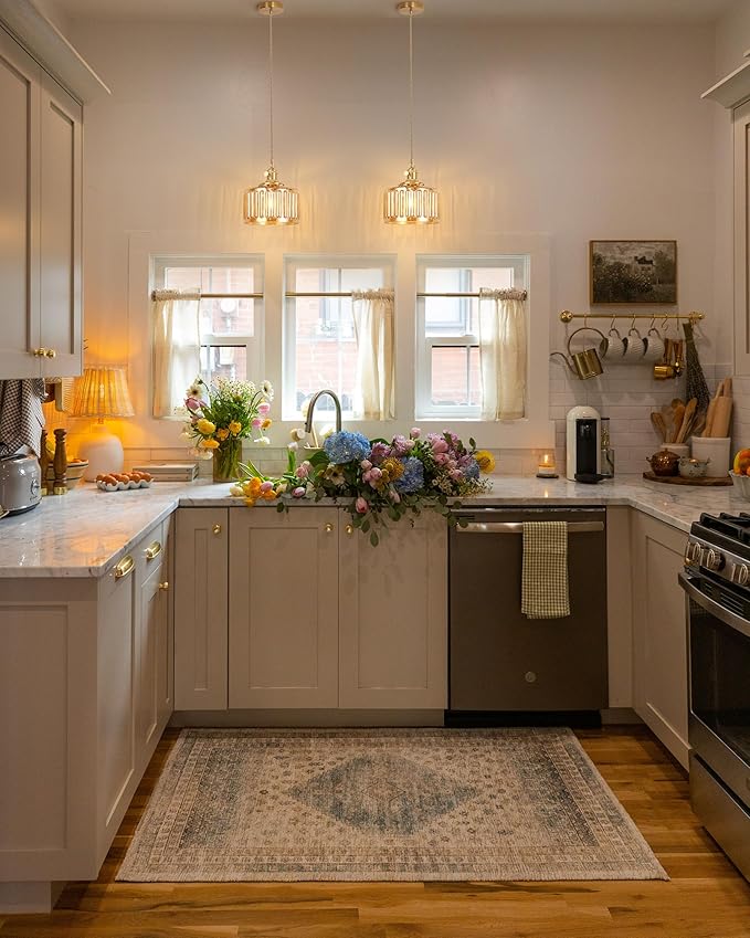 Pendant Light 2 Pack with Amber Striped Glass Lmapshade, Brass Vintage Pendant Light Adjustable Hanging Light for Kitchen Island Dining Room Hallway