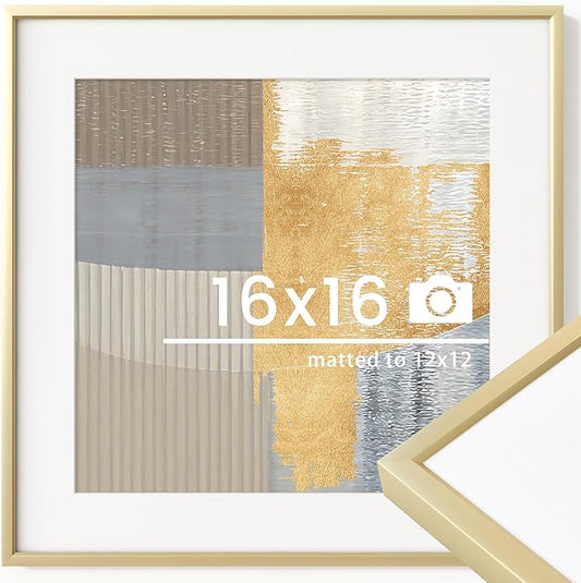 16x16 inch Metal Picture Frame - Thin Aluminum Square Photo Frames with 12x12 Removable Mat - High Definition Plexiglass - Vertical and Horizontal Display - Wall Hook Hanging Hardware Included - Gold, Set of 1