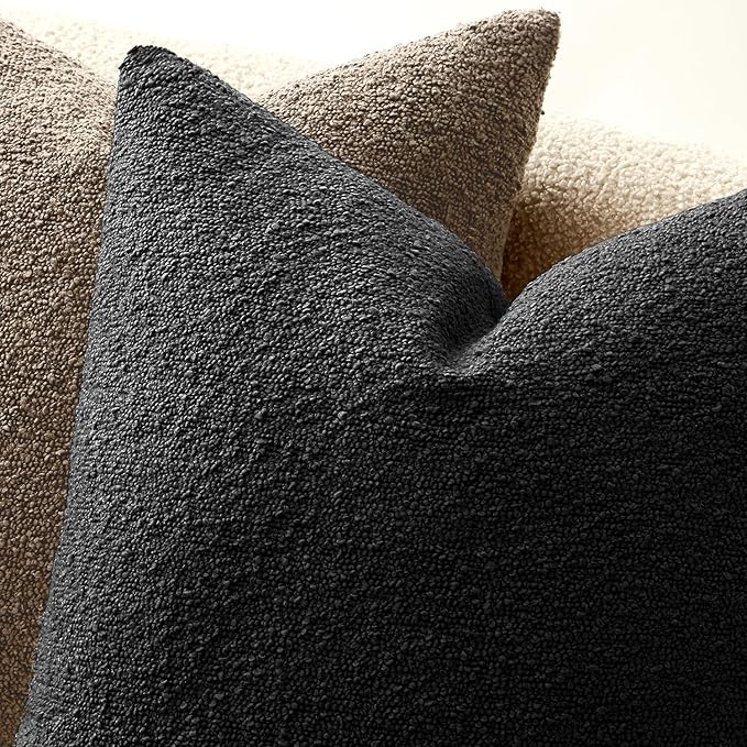 ANRODUO Pack of 2 Textured Boucle Throw Pillow Covers Soft Black Euro Decorative Accent Solid Pillow Cases Cozy Modern Couch Cushion Case for Chair Sofa Bedroom Living Room Home Decor, 22 x 22 Inch