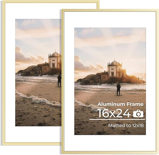 16x24 Metal Picture Frame, 16x24 Thin Aluminum Photo Frames with 12x18 Removable Mat, High End Metal Poster Frame, Ideal for Wall or Tabletop Display, Golden, Set of 2