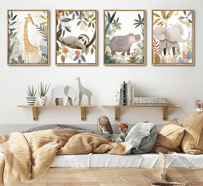 6Pcs Boho Baby Animals Wall Art Jungle Safari Canvas Paintings Cute Giraffe Elephant Lion Wall Decor Prints Inspirational Forest Animals Posters Pictures for Nursery kids Boys Bedroom Unframed