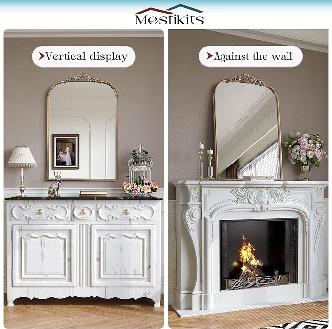 30" x 40" Antique Gold Arched Mirror for Wall, Vintage Brass Bathroom Mirror with Metal Frame, Bronze Ornate Gold Vanity Mirror for Entryway, Mantel, Powder Room