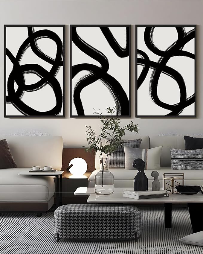 KUVIOKE Black and Wahite Abstract Framed Wall Art Ink Wash Minimalist Lines Painting Artwork for Bedroom Hallway 16x24in (Black Framed)