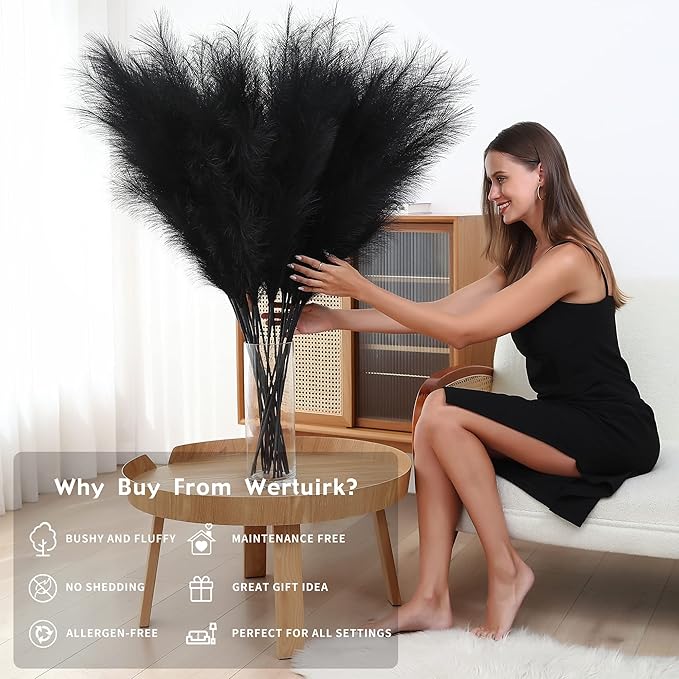 8 Pcs 45 inch Tall Faux Pampas Grass Decor, Large Artificial Black Pompous Grass Bulk, Long Fake Pompas for Floor Vase Filler, Wedding, Baby Shower, Home and Boho Decor (Black)