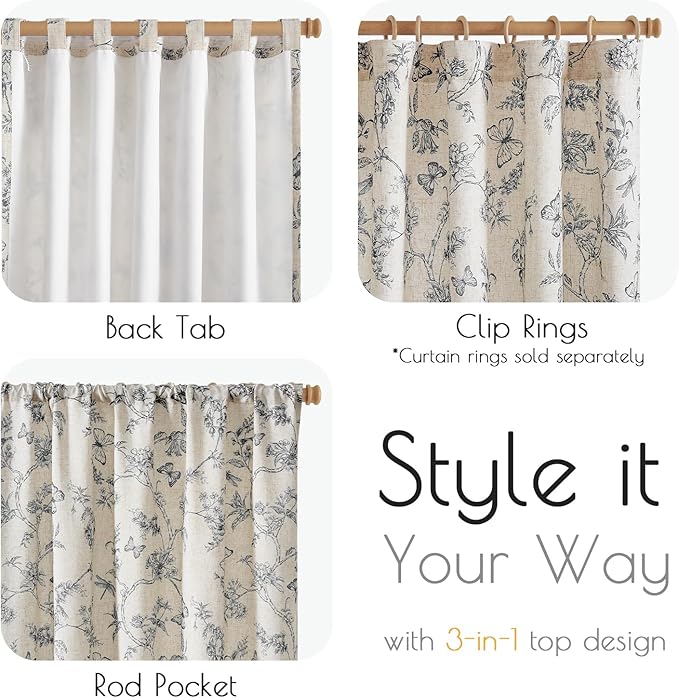 Lazzzy Farmhouse Lined Linen Black Floral Curtains 96 Inch Length Back Tab Drapes for Living Room Bedroom Light Filtering Country Vintage Rod Pocket, 2 Panels, Black on Beige