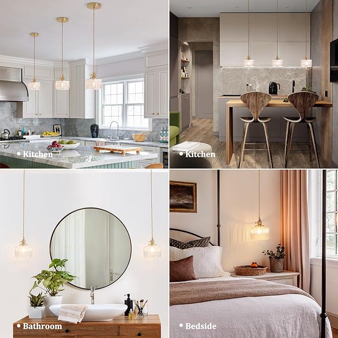 Pendant Light with Clear Striped Glass Lmapshade, Brass Vintage Pendant Light Adjustable Hanging Light for Kitchen Island Dining Room Hallway