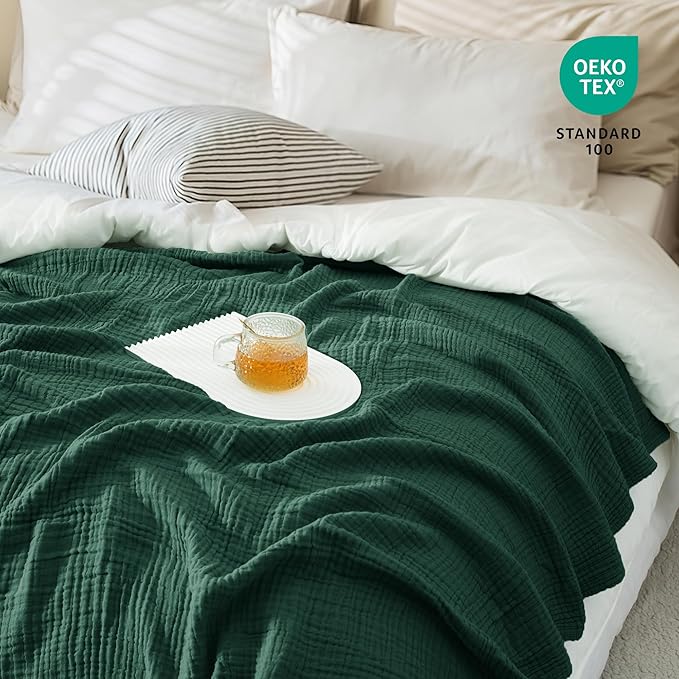 Carriediosa 100% Cotton Muslin Throw Blanket 70" X 80" Twin Size，4-Layers Summer Gauze Throws for Bed Couch，Soft Lightweight Breathable Linen Blankets Bedspread for Adults All Season，Dark Green
