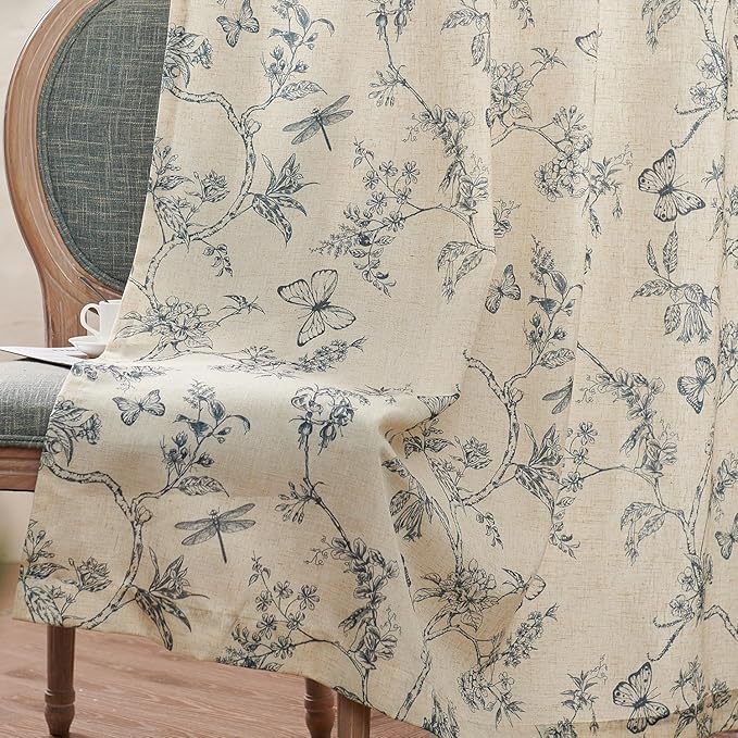 Lazzzy Blue Floral Linen Farmhouse Curtains 96 Inches Long Back Tab Drapes for Living Room Bedroom Light Filtering Country Vintage Rod Pocket Curtains,2 Panels, Blue on Beige