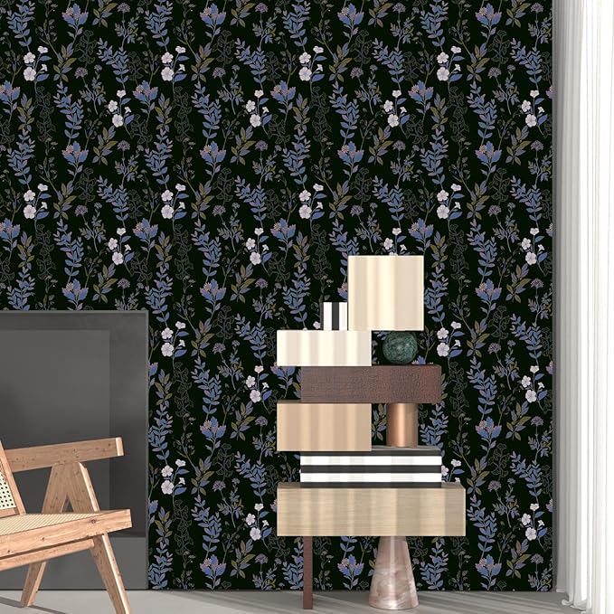 Black Blue Floral Wallpaper Peel and Stick Boho Blue Purple Leaf Contact Paper 17.4" X 118" Vintage Wallpaper Waterproof Self-Adhesive Dark Wall Covering for Bedroom Countertop Desk Cabinets