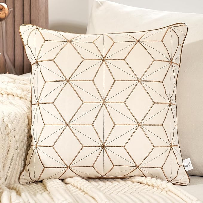 Aeckself White Gold Plaid Geometric Throw Pillow Cover 18x18 Inch, Soft Velvet Embroidery Modern Square Decorative Pillow Cover with Stitched Edge for Couch Living Room Bedroom
