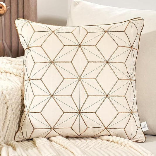 Aeckself White Gold Plaid Geometric Throw Pillow Cover 18x18 Inch, Soft Velvet Embroidery Modern Square Decorative Pillow Cover with Stitched Edge for Couch Living Room Bedroom