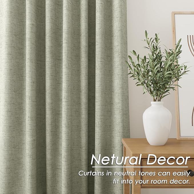 100% Blackout Linen Curtains for Bedroom Thermal Insulated Grommet Complete Blackout Drapes 80 Inch Length 2 Panels Set Heat and Full Light Blocking Living Room Darkening Curtains Sage Green