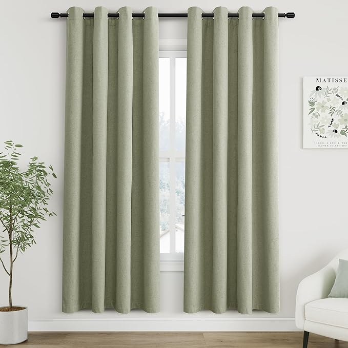 100% Blackout Linen Curtains for Bedroom Thermal Insulated Grommet Complete Blackout Drapes 72 Inch Length 2 Panels Set Heat and Full Light Blocking Living Room Darkening Curtains Sage Green