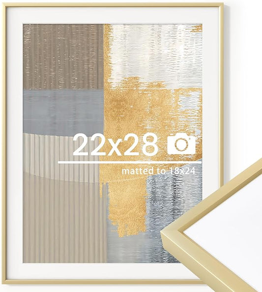 22x28 inch Metal Poster Frame - 22 x 28 Thin Aluminum Picture Frames Matted for 18x24 Photos, Artworks, Prints, Puzzle - High Definition Plexiglass - Vertical and Horizontal Display - Wall Hook Hanging Hardware Included - Gold, Set of 1