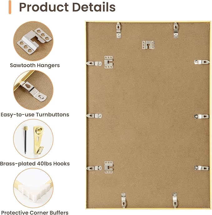 24x30 Aluminum Picture Frame - with Mat for 18x24 Photo or Without Mat for 24 x 30 Photo, Metal Poster Frame with High Definition Plexiglass, Wall Mounting or Tabletop Display, Golden, Set of 1