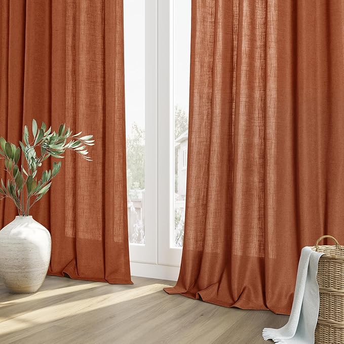 Guken Terracotta Linen Curtains 96 Inch Length for Living Room Bedroom 2 Panels Set Rod Pocket Light Filtering Semi Sheer Window Curtains 52 Inch Width Boho Farmhouse Linen Drapes, W52xL96