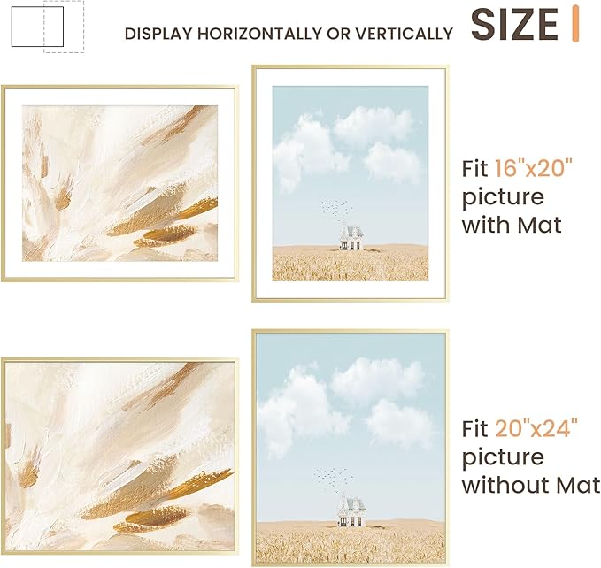 20x24 Picture Frame, 20x24 Metal Picture Frame With Mat For 16x20 Photo, Aluminum Metal Poster Frame with High Definition Plexiglass, Display for Wall Mounting or Tabletop Pack of 1,Golden