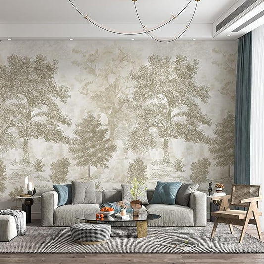 Zeeko Vintage Forest Wall Mural Peel and Stick 177" W x 110" H Beige Tree Wallpaper Self-Adhesive Large Nature Landscapes Murals Canvas Wall Decor for Bedroom Bathroom