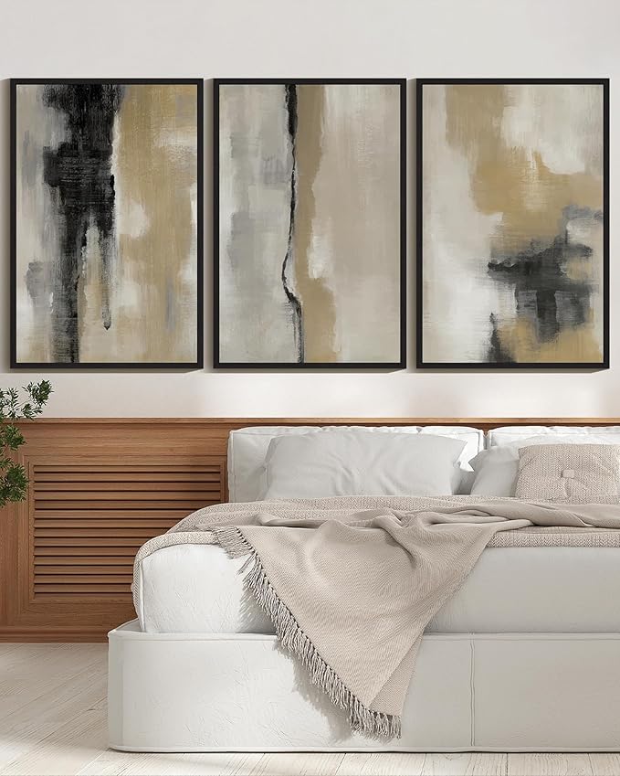 KUVIOKE Black Abstract Framed Wall Art Neutral Graffiti Pastel Minimalist Wall Decor Modern Art Painting for Bedroom Living Room 24x36in (Black Framed)