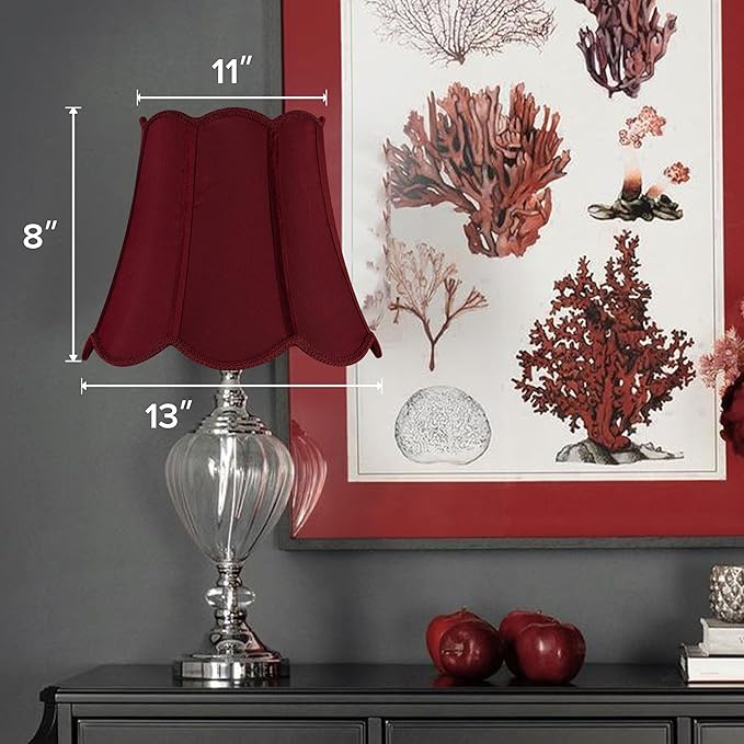 GOSO 13" Medium Burgundy Scalloped Lamp Shades Art Deco, Red Wavy Floral Petal Edge,8" ×13" ×11" Spider for Table Lamp, Floor Lamps Replacement, Faux Silk Lampshade,Easy Assembly(Set of 2)