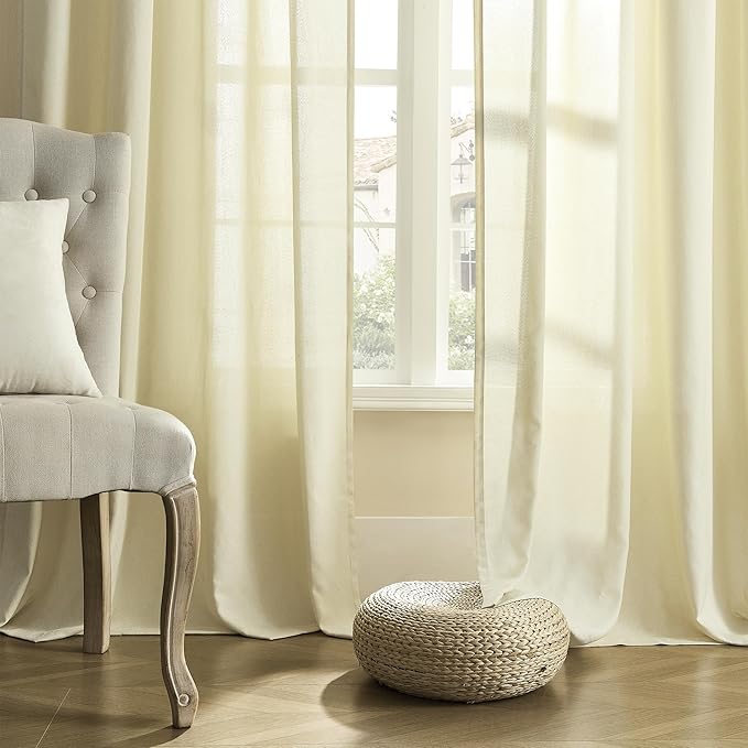 Back Tab Linen Curtains 72 Inch Length 2 Panels Set, Light Filtering Semi Sheer Farmhouse Boho Curtains & Drapes for Bedroom Living Room, Light Yellow W50 x L72