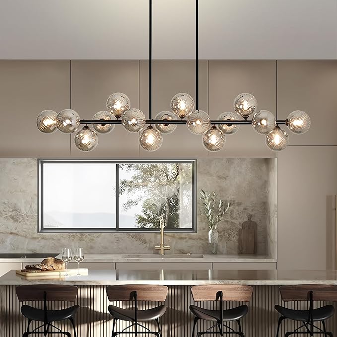 Dining Room Light Fixture 16-Light Farmhouse Chandeliers for Dining Room Large Chandelier Linear Sputnik Chandelier Smoke Gray Swirled Globe Glass Bubble Black Modern Pendant Lights Kitchen Island