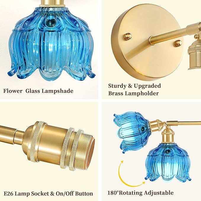 Vintage Battery Operated Wall Sconce with Flower lampshade,Rechargeable Battery Powered Wall Lights,Wall lamp with 15 Colors for Bedroom Living Room Home Decor (Flower Blue, 1 Light Battery Operated)