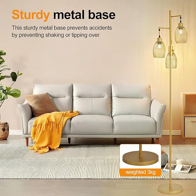 Industrial Floor Lamp 68'' - 3-Light Gold Dimmable Rustic Floor Lamp with Sturdy Pole & Heavy Base, 800 Lumens LED Bulbs Lamp for Living Room, Bedroom, Office Decor