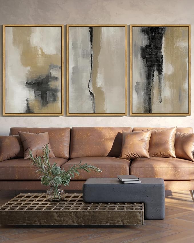 KUVIOKE Black Abstract Framed Wall Art Neutral Graffiti Pastel Minimalist Wall Decor Modern Art Painting for Bedroom Living Room 24x36in (Natural Framed)