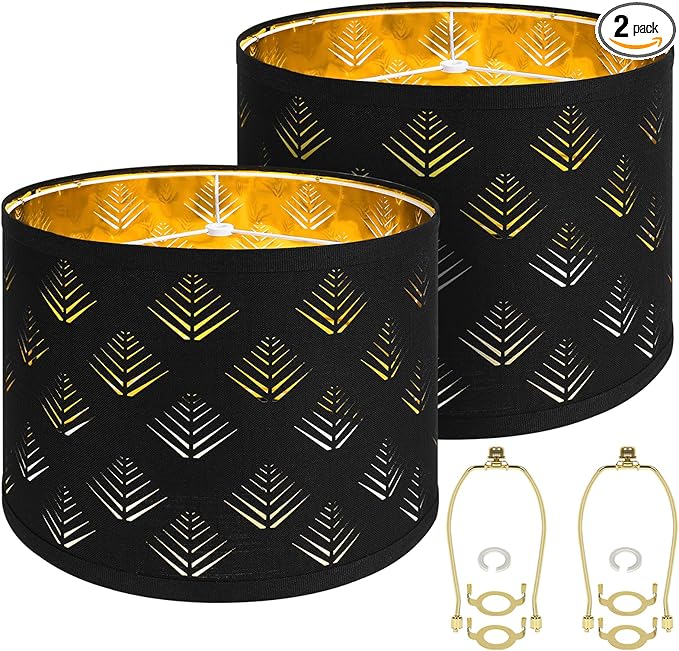 Lamp Shades Set of 2, Drum Lampshades with Leaf Design, 13" Top x 13" Bottom x 10" High (Spider) Modern Linen Lamp Shades for Table Lamp & Bedside Lamp, Assembly Required Black Lampshades Replacement