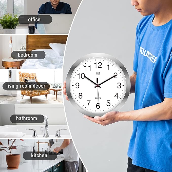 HITO 12 Inch Silent Wall Clock Battery Operated Non Ticking Glass Cover Silver Aluminum Frame, for Kitchen, Bedroom, Home Office, Living Room Decor