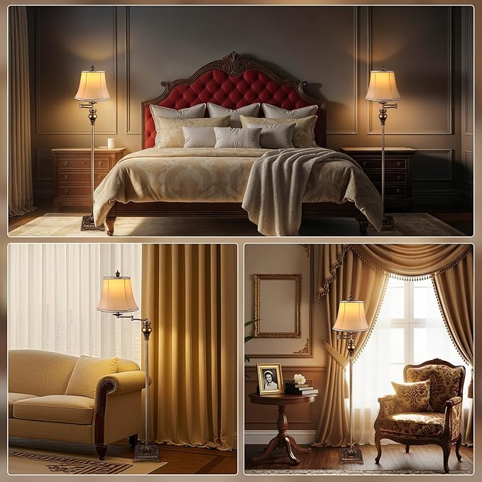 PARTPHONER Vintage Floor Lamps for Living Room,Traditional 350° Adjustable Swing Arm Farmhouse Floor Lamp for Bedroom, Rustic Standing Lamp Pole Lamps for Reading, Home Décor and Office,Bronze Gold