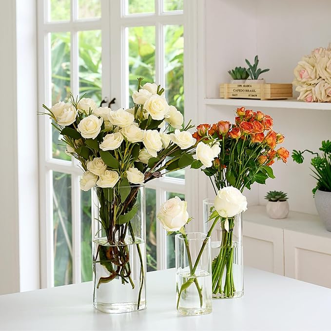 3 PCS Modern Square Glass Cylinder Vases Set (6/8/10 Inch) – Elegant Bud Vases, Floating Candle Holders & Wedding Centerpiece Displays for Home Decor, Holidays, Housewarming Gifts