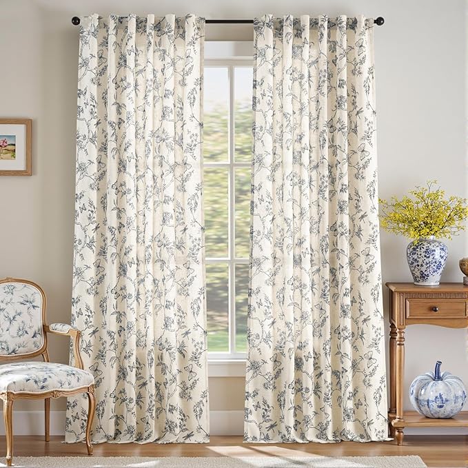 Lazzzy Blue Floral Linen Farmhouse Curtains 96 Inches Long Back Tab Drapes for Living Room Bedroom Light Filtering Country Vintage Rod Pocket Curtains,2 Panels, Blue on Beige